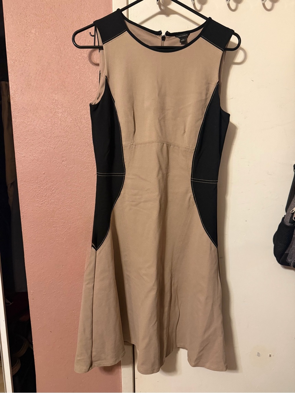 Ann Taylor Beige and Black Panel Fit-and-Flare Dress